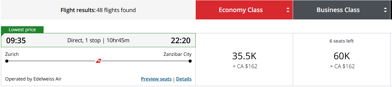Zurich to Zanzibar on Air Canada