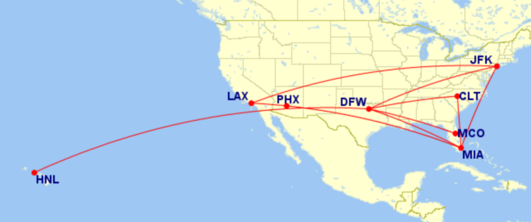 Map of domestic routes where American Airlines is flying lie-flat seats on its Boeing 777-200 aircraft in March 2026