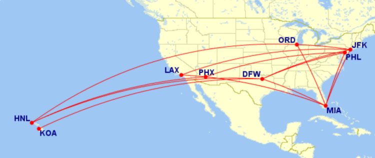 Map of domestic routes where American Airlines is flying lie-flat seats on its Boeing 787-8 aircraft in March 2026
