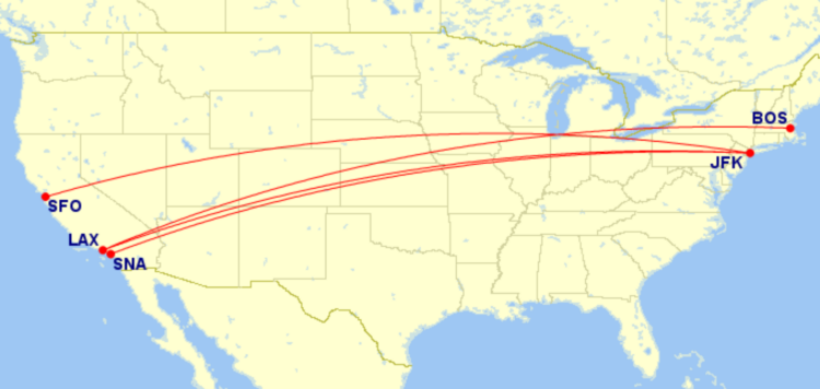 Map of domestic routes where American Airlines is flying lie-flat seats on A321T in March 2026