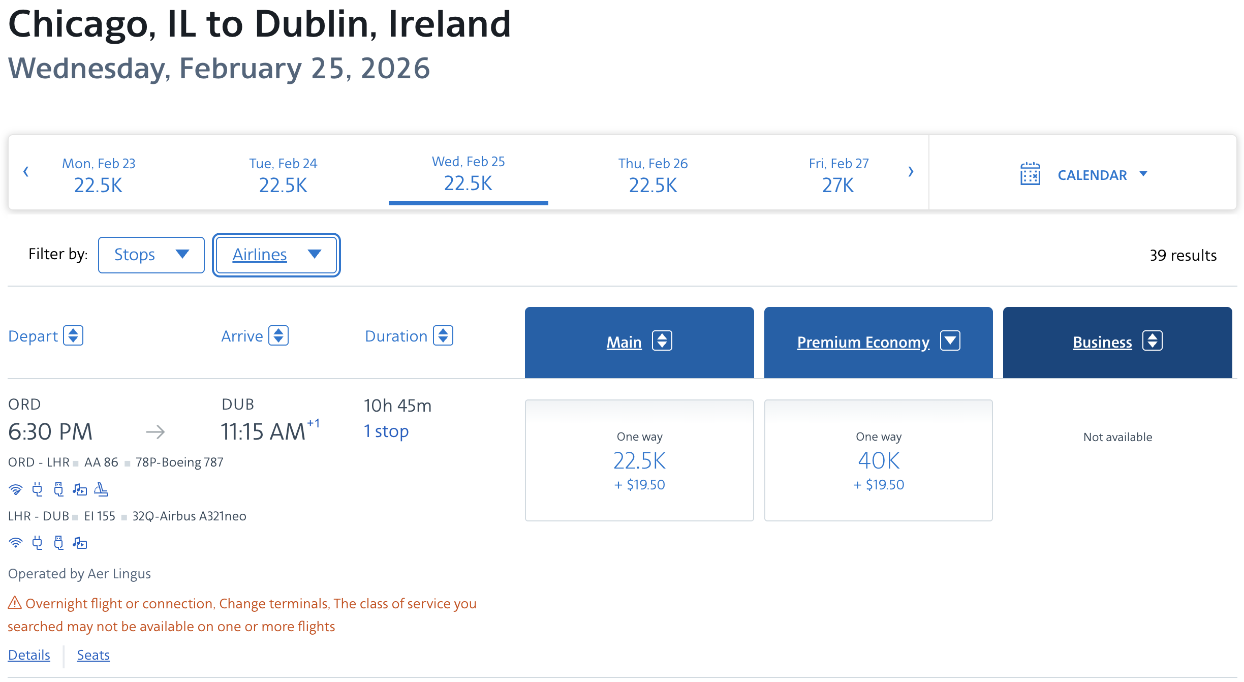 American Airlines award redemption from ORD to DUB via LHR.