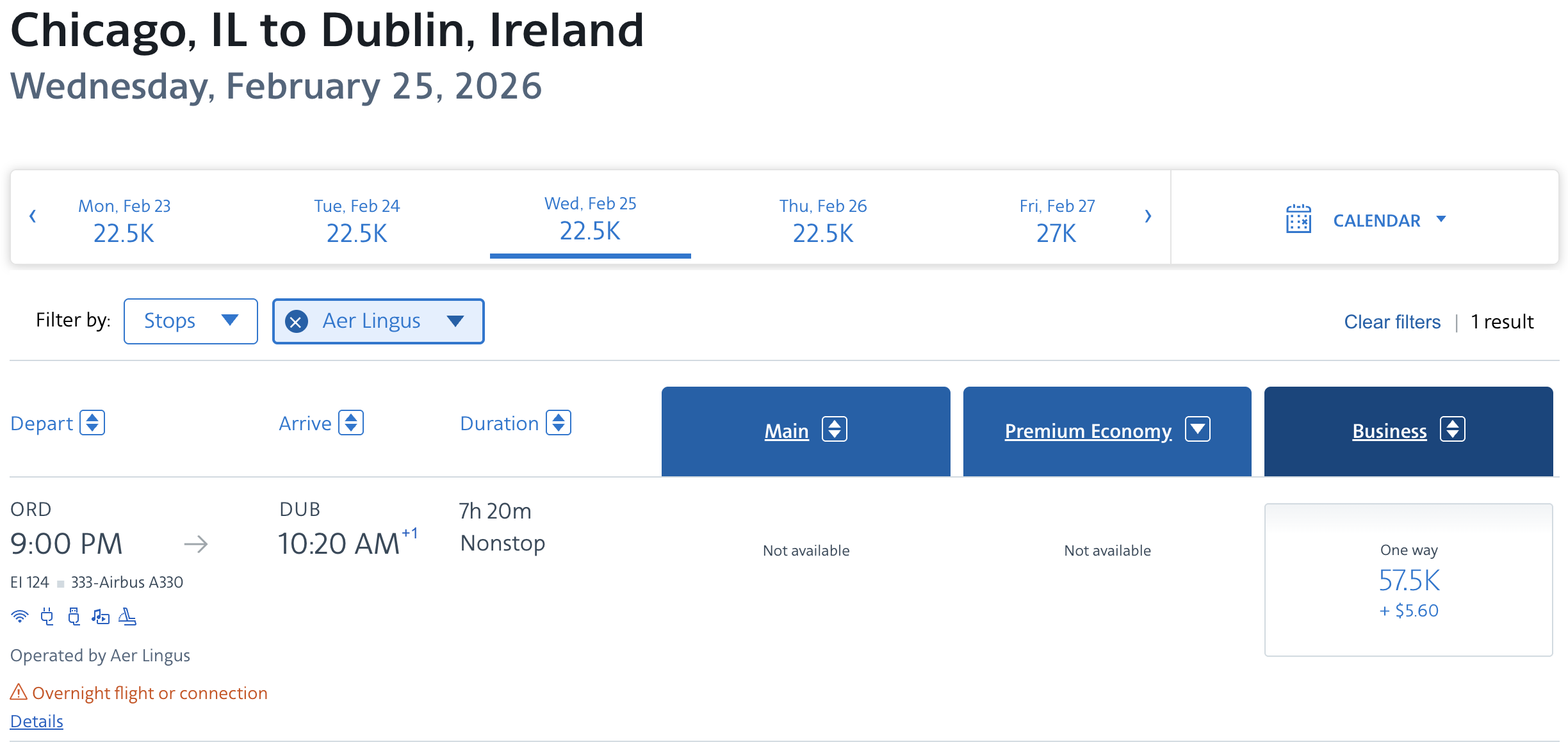 American Airlines award redemption from ORD to DUB.