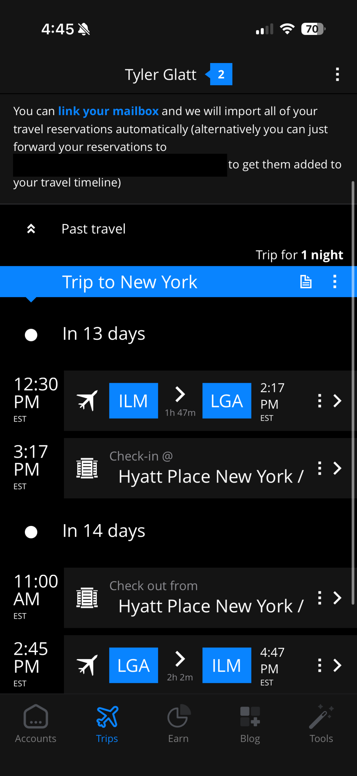 AwardWallet travel timeline in the app.
