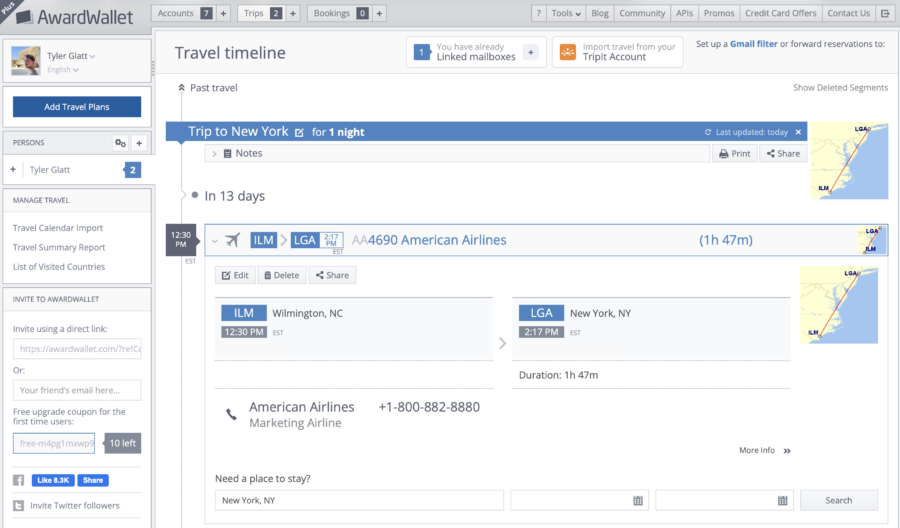 AwardWallet Travel Timeline -- detailed look at a flight.
