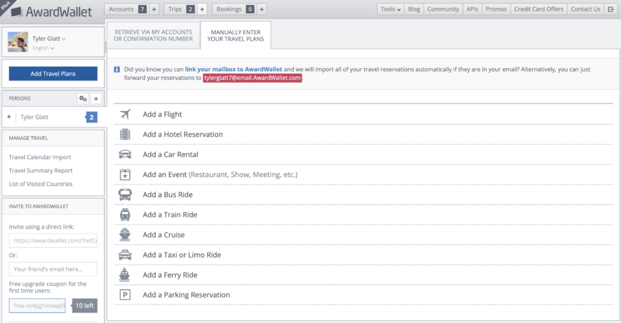 AwardWallet add a trip to your timeline.