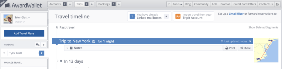 AwardWallet Travel Timeline grouped itinerary