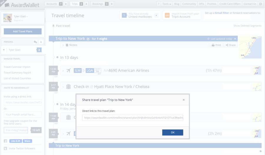 AwardWallet Travel Timeline share feature
