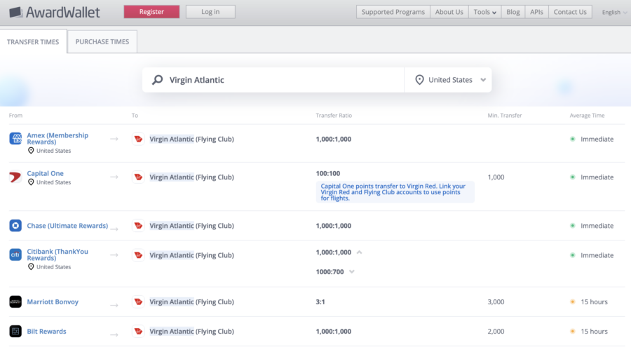 Screenshot of AwardWallet transfer times tracker showing results for Virgin Atlantic