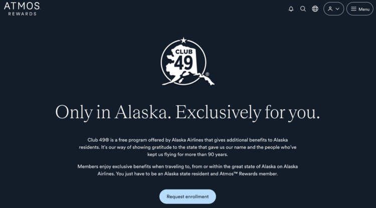 Screenshot from Alaska Airlines' website showing Club 49 community info