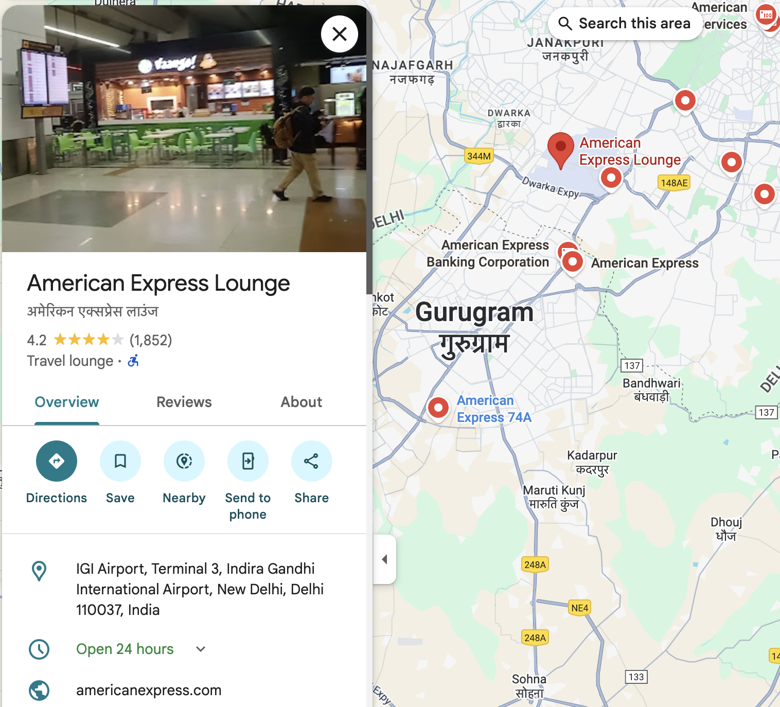 Google Maps posting for Amex Centurion Lounge at DEL.