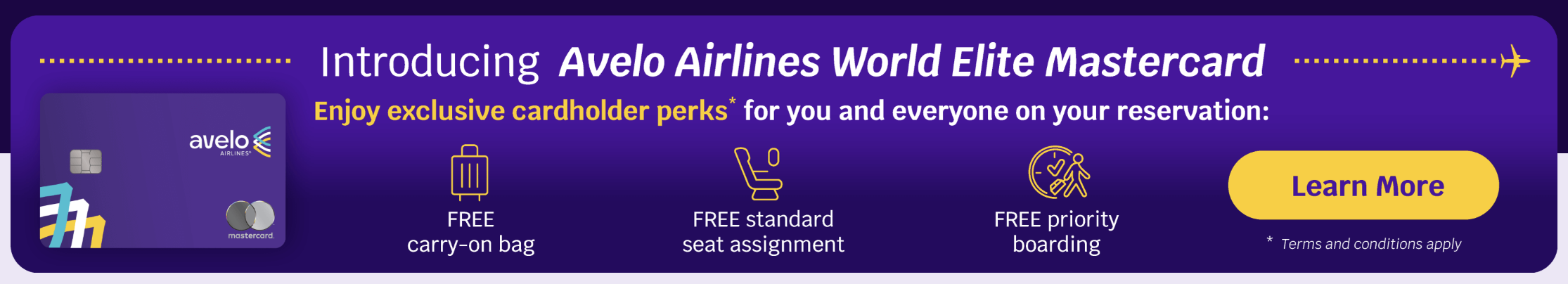 Avelo Airlines Mastercard promo banner.