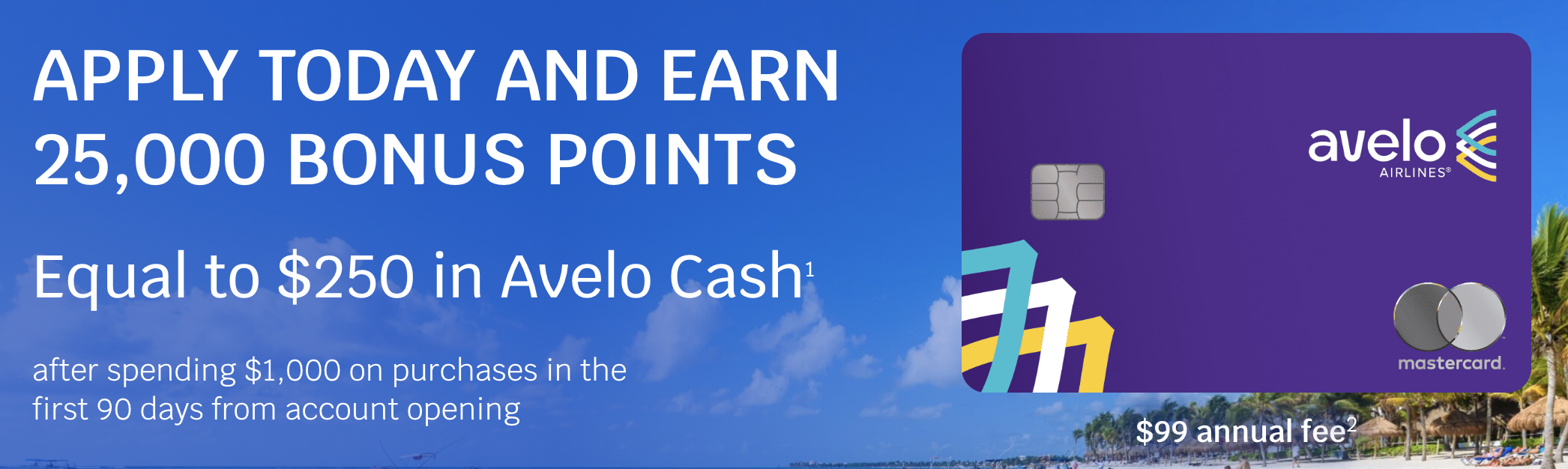 Avelo Airlines Mastercard website landing page.