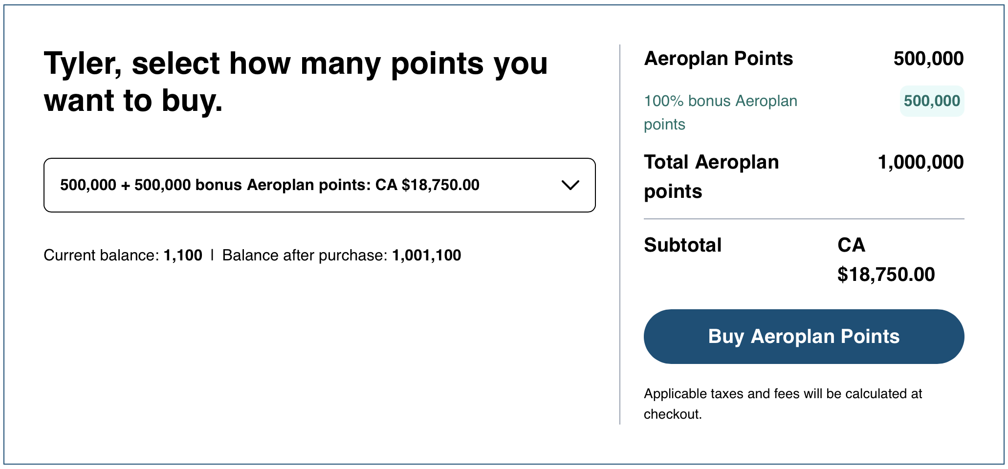 Aeroplan buy points promo receipt.