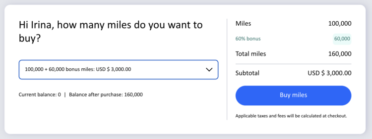 Screenshot of example to buy Copa Airlines with a 60% bonus