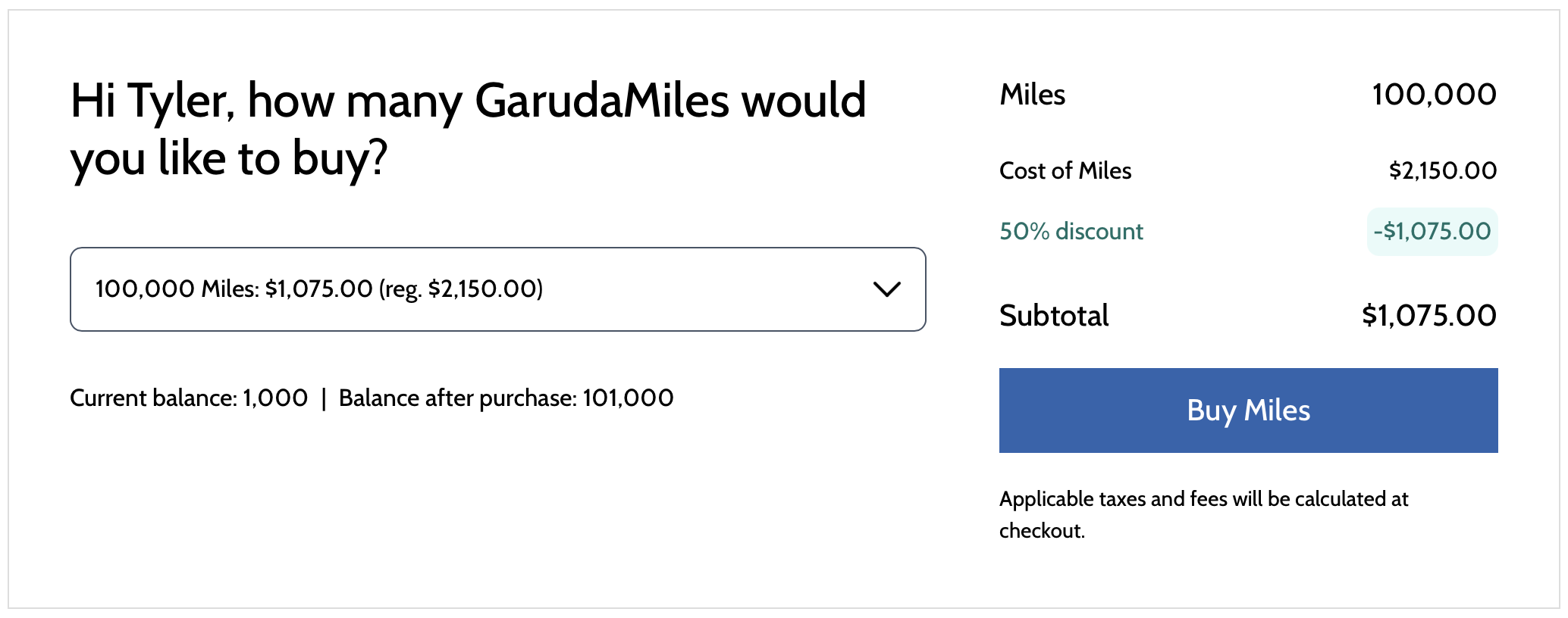 Garuda Indonesia buy miles promo receipt.