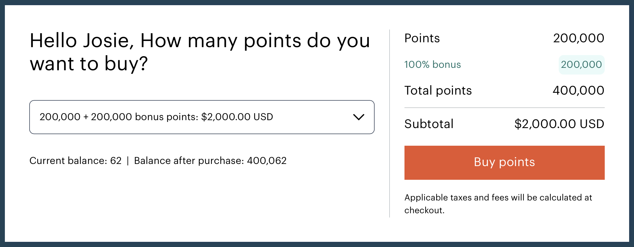 IHG buy points receipt.
