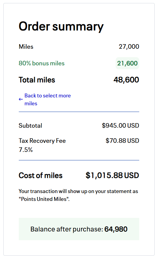 Screenshot showing final price for buying United miles with an 80% bonus