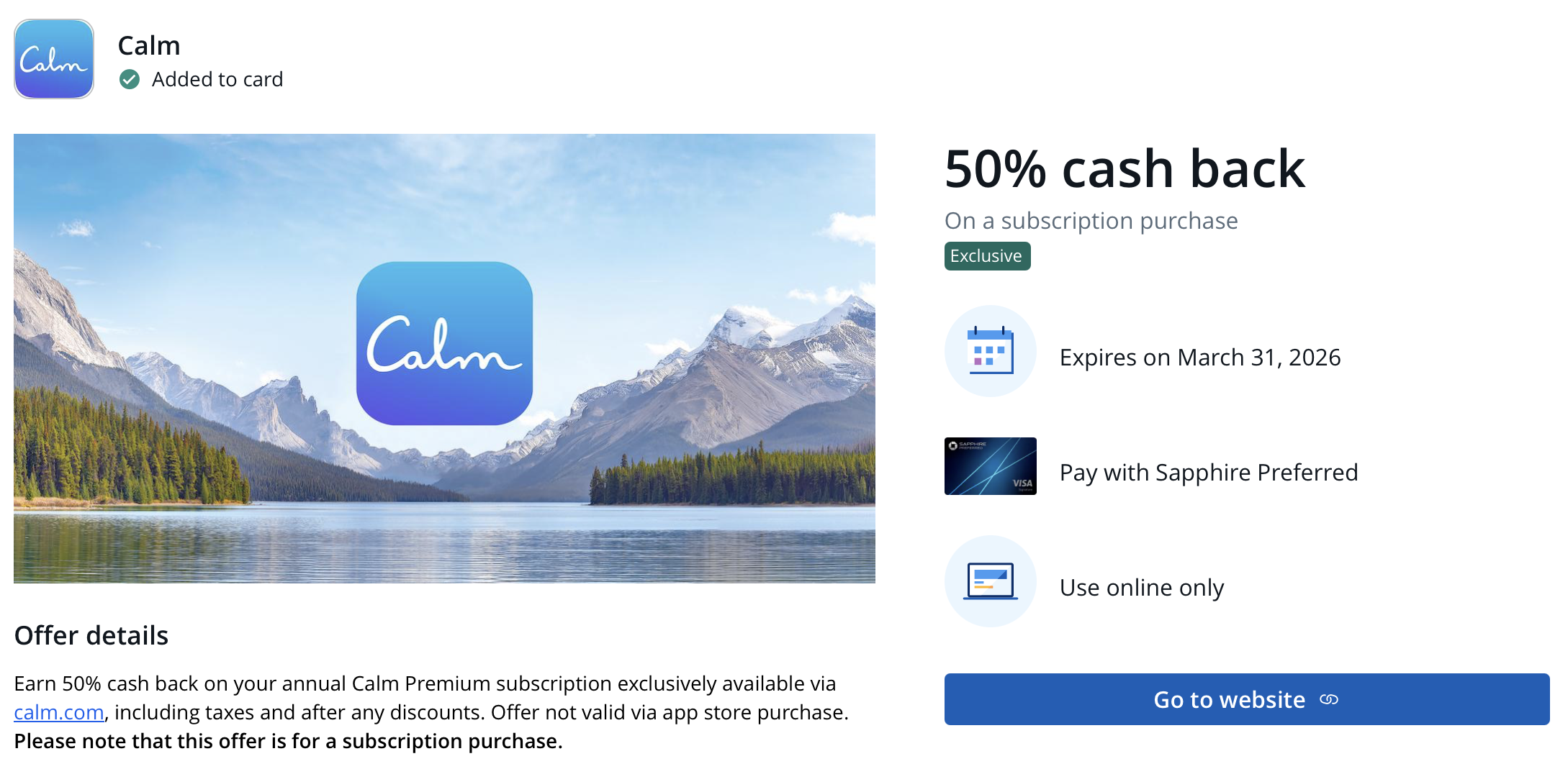 Chase offer for a Calm subscription.