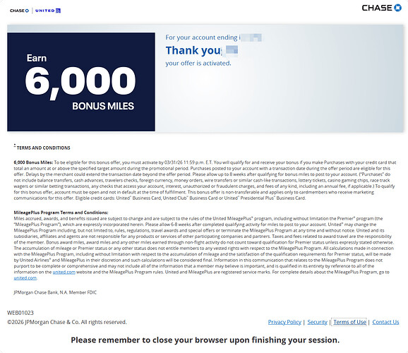 Chase United 6,000 Miles Q1 26 Promo