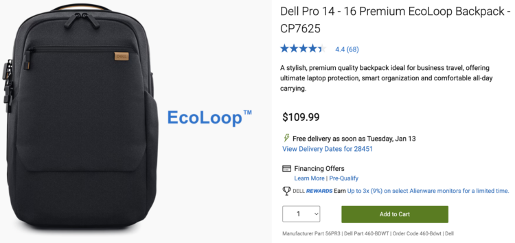 Dell listing for the Dell Pro Premium EcoLoop Backpack 14-16
