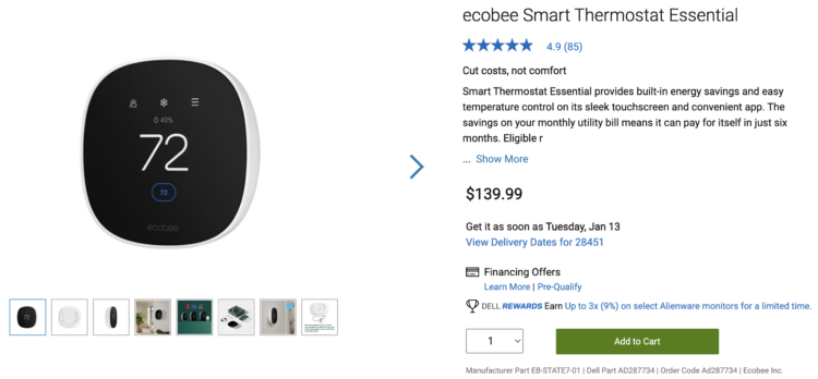 Dell listing for the Ecobee Smart Thermostat Essential