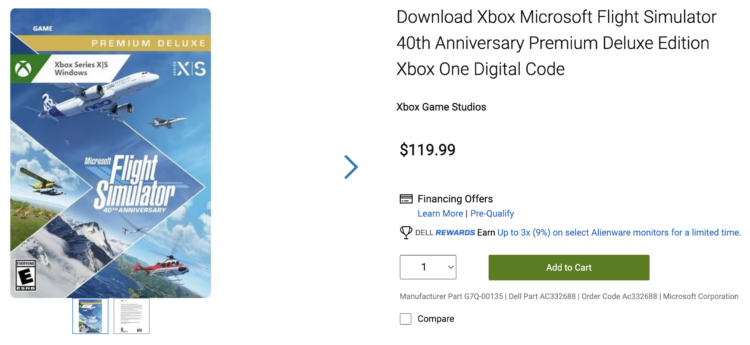 Dell listing for the Xbox Flight Simulator Premium Deluxe Edition Download
