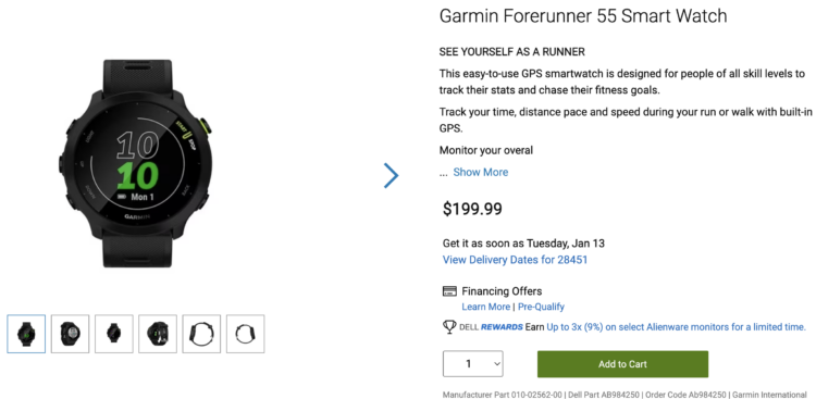 Dell listing for the Garmin Forerunner 55 Smart Watch