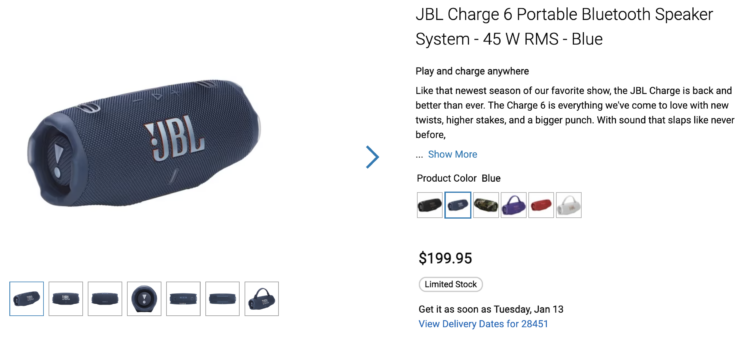 Dell listing for the JBL Charge 6 Portable Bluetooth Speaker System