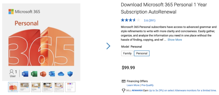 Dell listing for the One-year Microsoft 365 subscription
