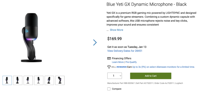 Dell listing for the Blue Yeti GX Dynamic Microphone