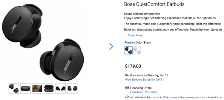 Dell listing for the Bose QuietComfort Earbuds