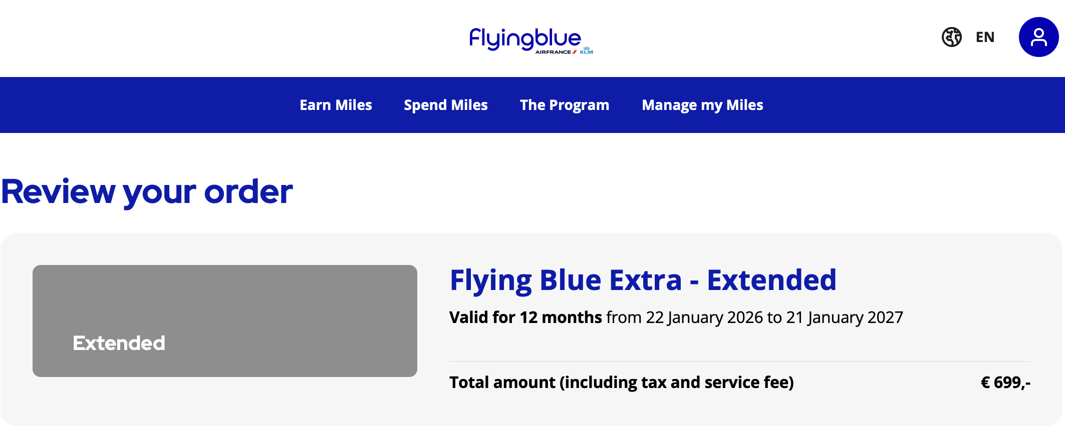 Flying Blue Extra payment screen.