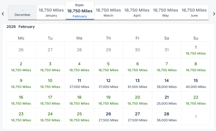 Flying Blue award calendar for JFK to CDG.