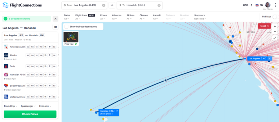 FlightConnections airline results from LAX-HNL