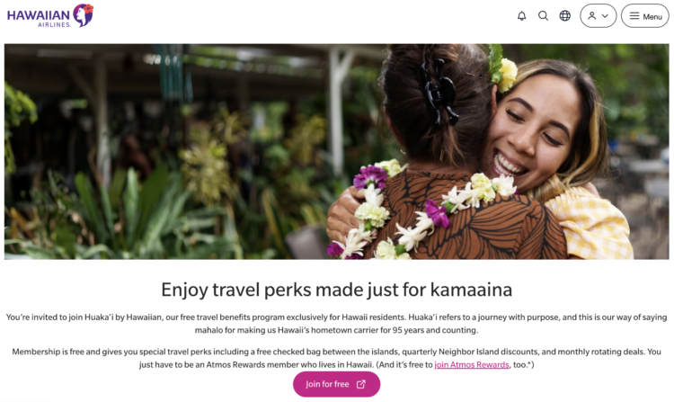Screenshot from Hawaiian Airlines' website showing Huaka‘i by Hawaiian community info