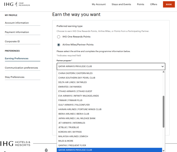 Screenshot of IHG One Rewards page for selecting airline earning preference