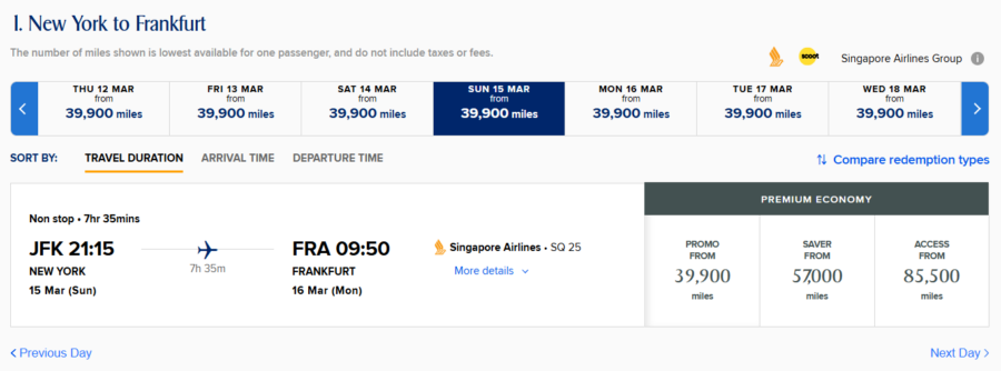 Screenshot of Singapore Airlines Spontaneous Escapes discounted award pricing
