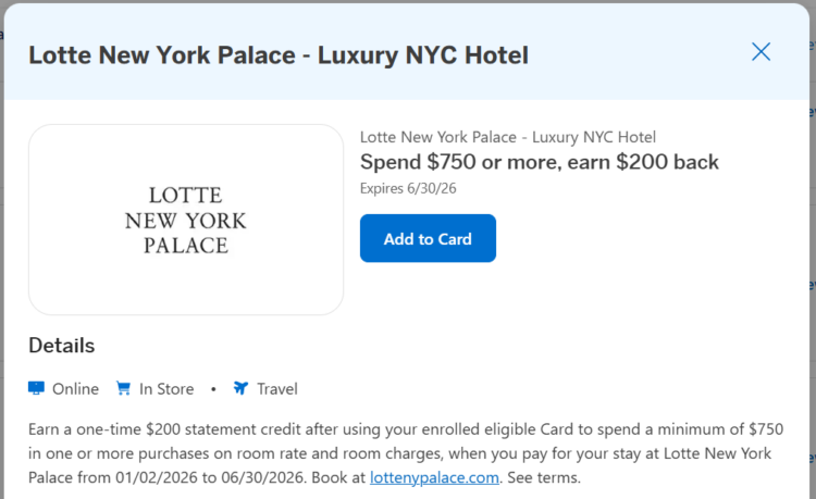 Amex Offer for Lotte New York Palace