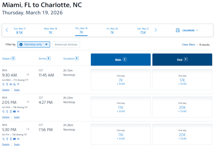 Screenshot showing AAdvantage award search results from Miami to Charlotte in lay-flat first class using AAdvantage miles
