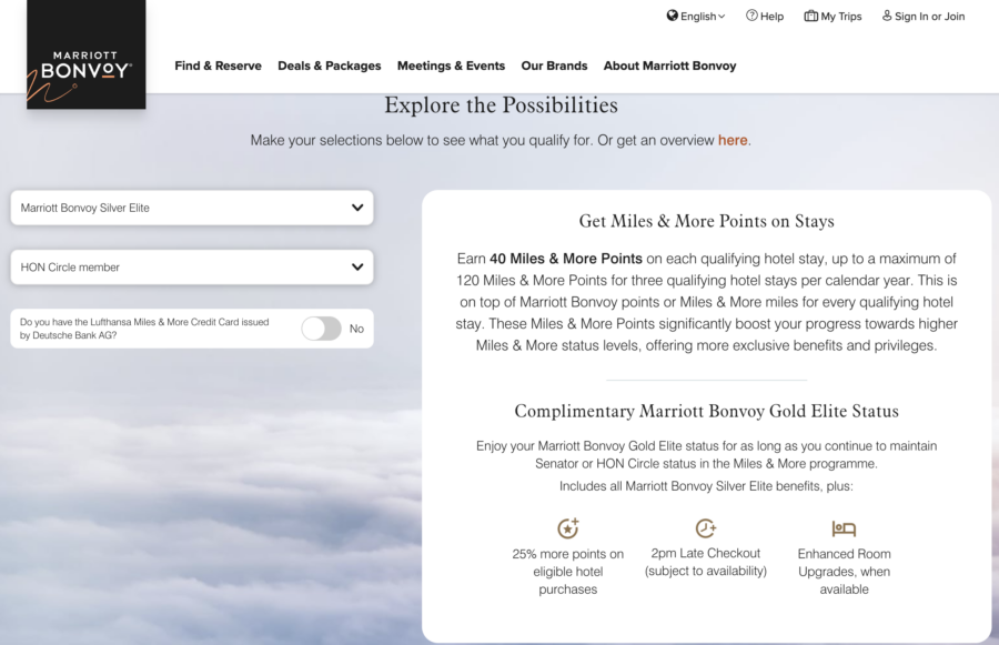 Marriott/Miles & More partnership status match tool.