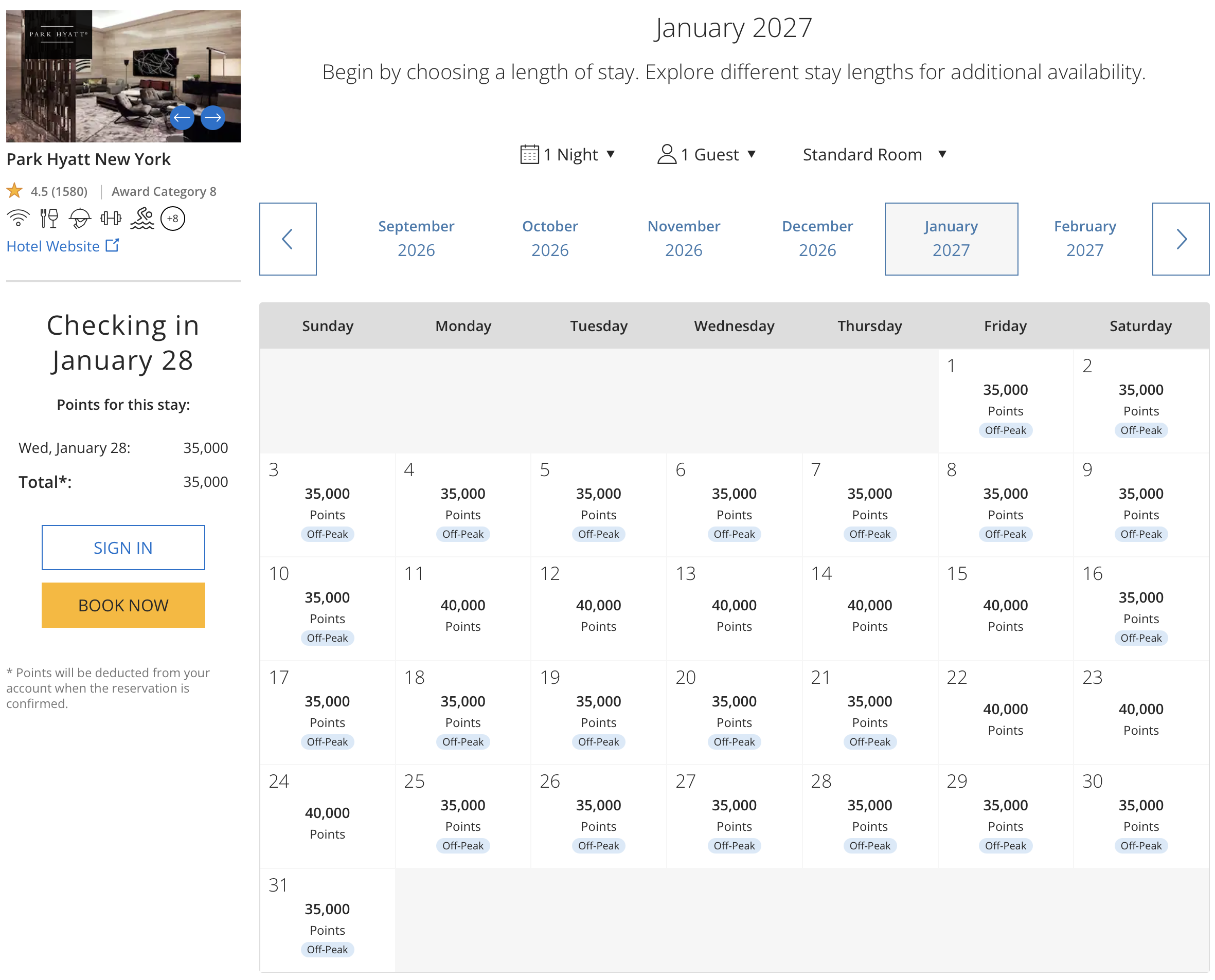 Park Hyatt New York award calendar.