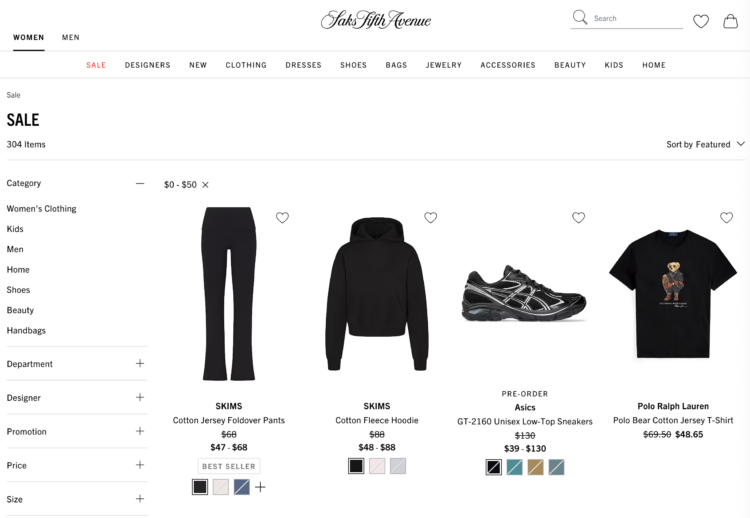 Saks Fifth Avenue under $50 webpage.