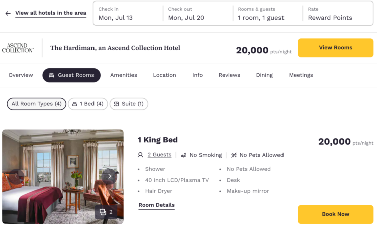 The Hardiman Hotel at 20,000 points per point