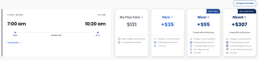 A screenshot of a Breeze Airways flight from RDU to PUJ