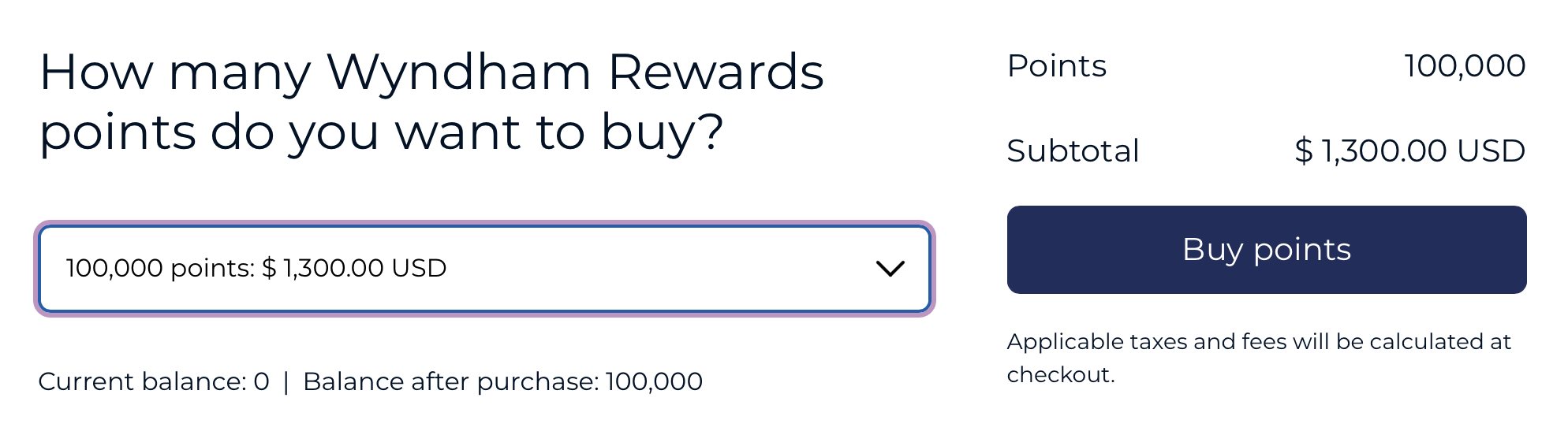 Buy Wyndham Rewards points at a rate of 1.3 cents per point