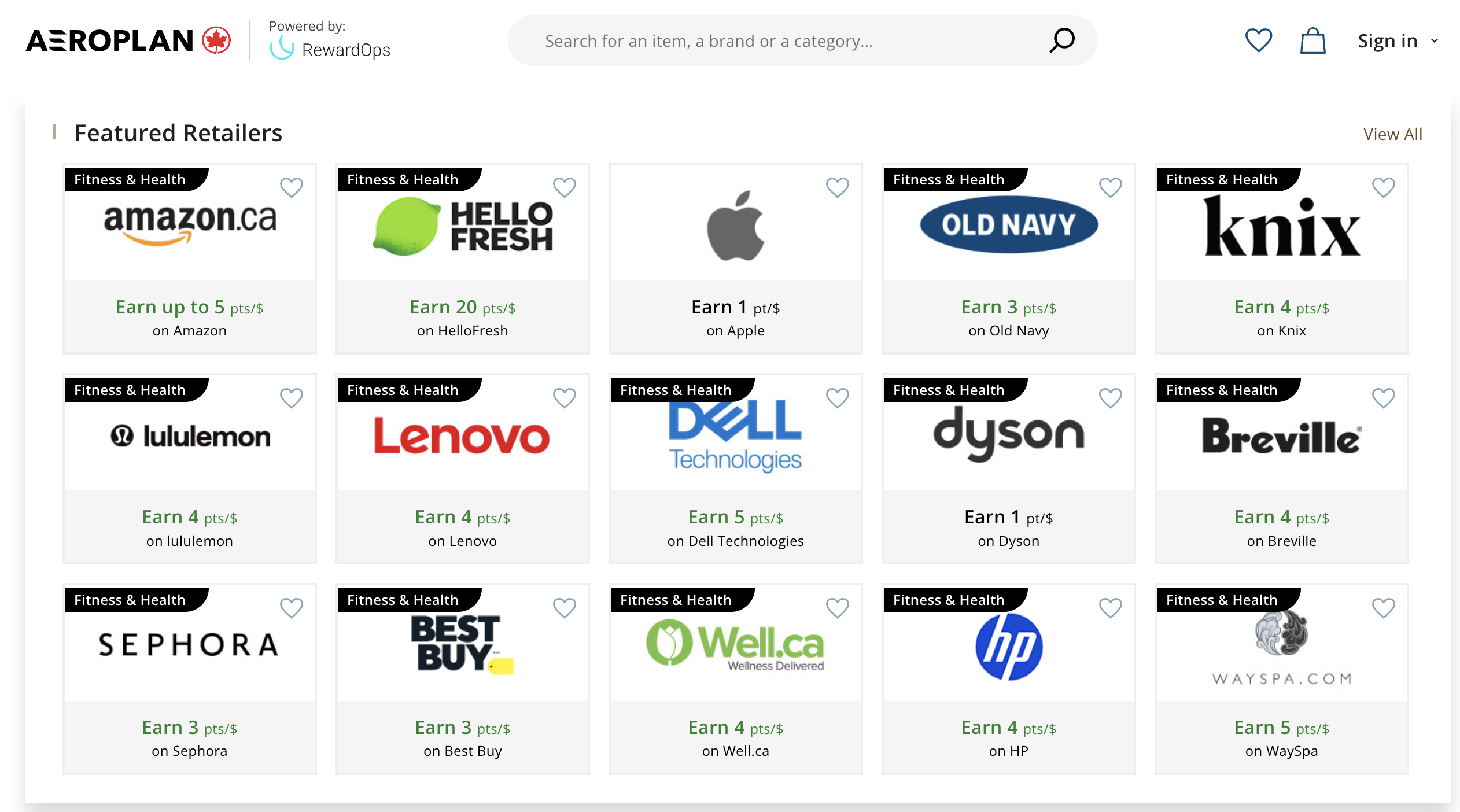 Aeroplan Shopping Portal screenshot of merchant offerings