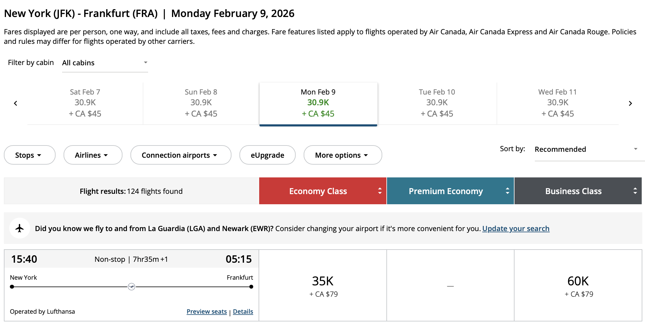 JFK to FRA operated by Lufthansa booked through Air Canada