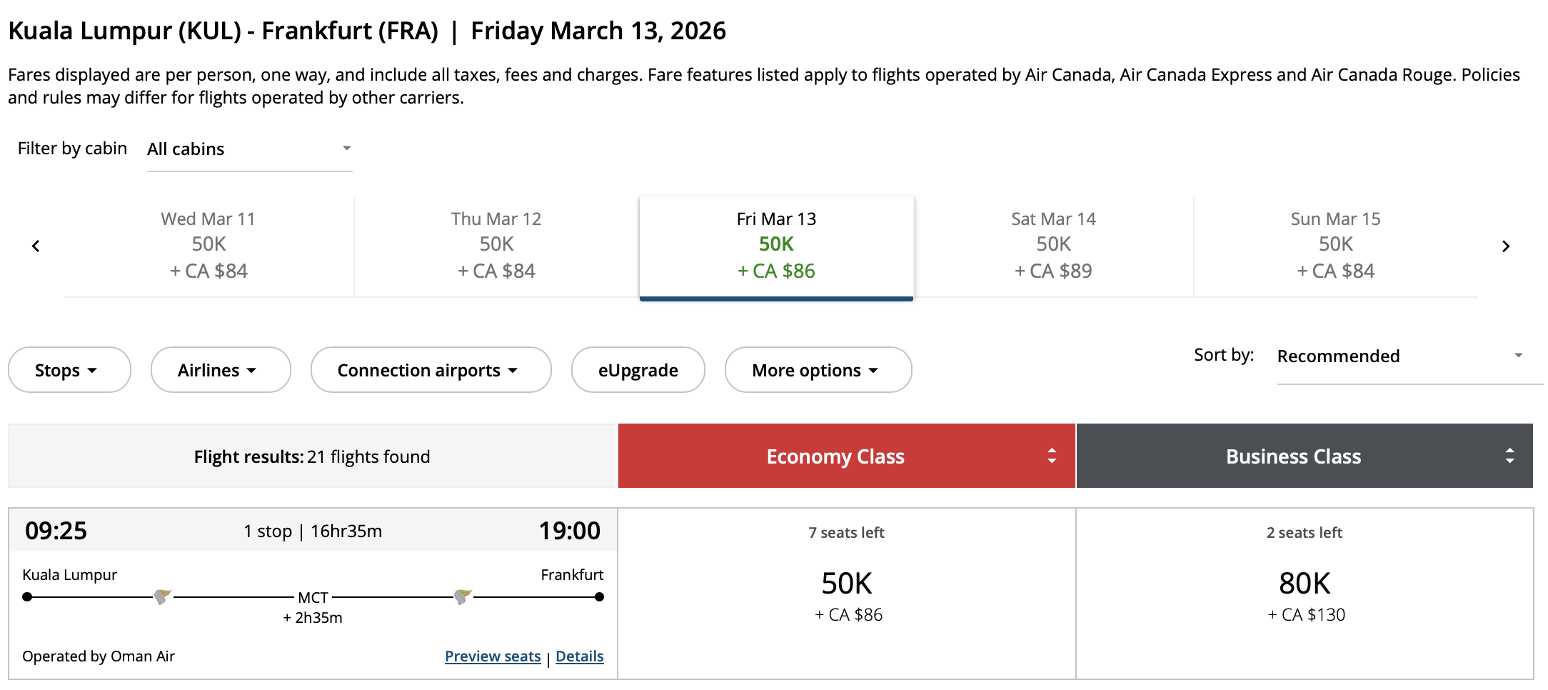 KUL to FRA operated by Oman Air booked with Aeroplan points