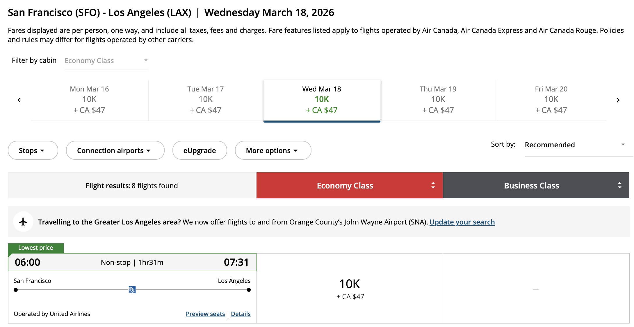 SFO to LAX operated by Air Canada booked with Aeroplan points