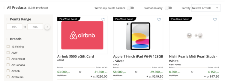 The Air Canada eStore featured shopping 
